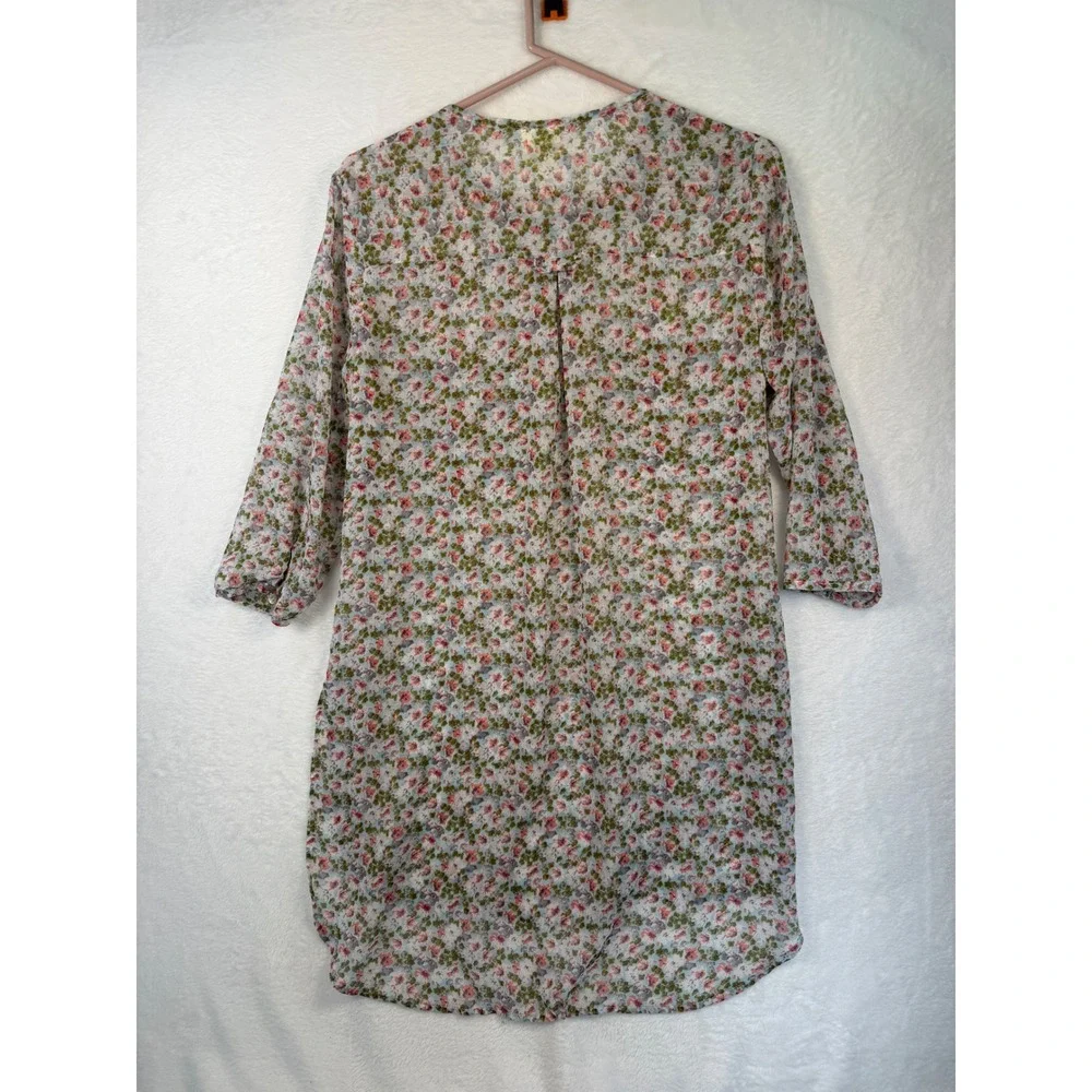 Fig and Flower Floral Henley Tunic Top 3/4 Sleeve Pink Green Medium - Picture 3 of 7